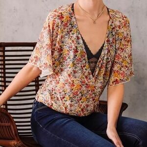 Willow + Root sz XL Womens Sheer Floral Open Draped Blouse Top Ditsy Feminine